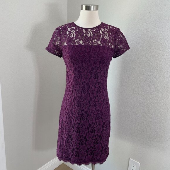 Diane Von Furstenberg Womens 4 Purple Lace Overlay Short Sleeve Dress - Picture 1 of 10